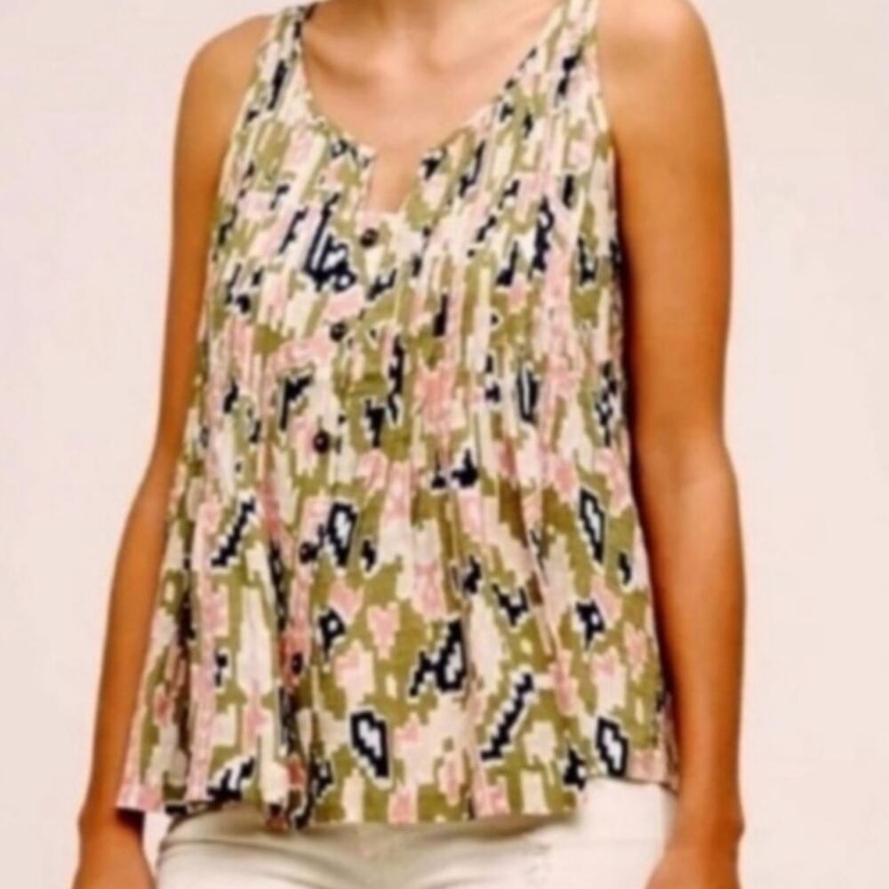 Anthropologie Olive Green Pink Black Patterned Tank Top